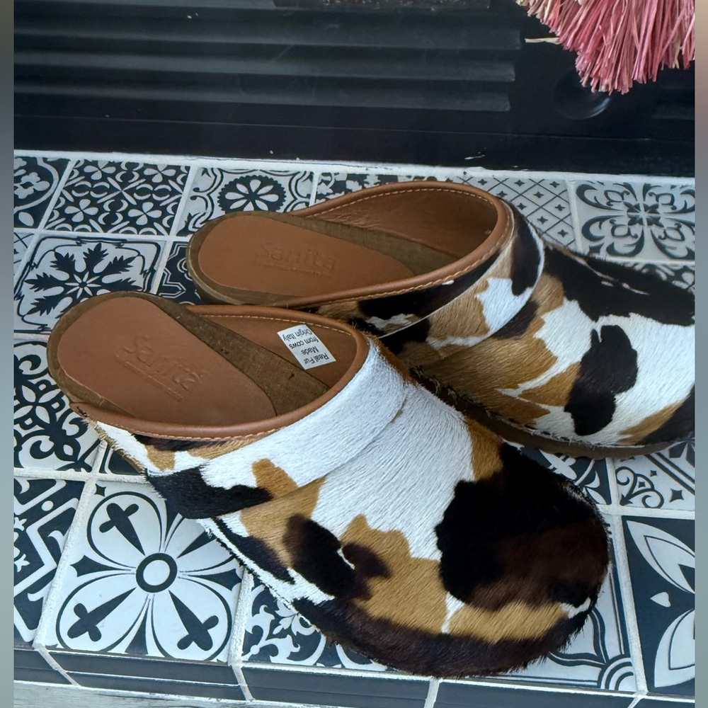 Sanita Cow Print Hair-On Leather Clogs in White, Brown, Black